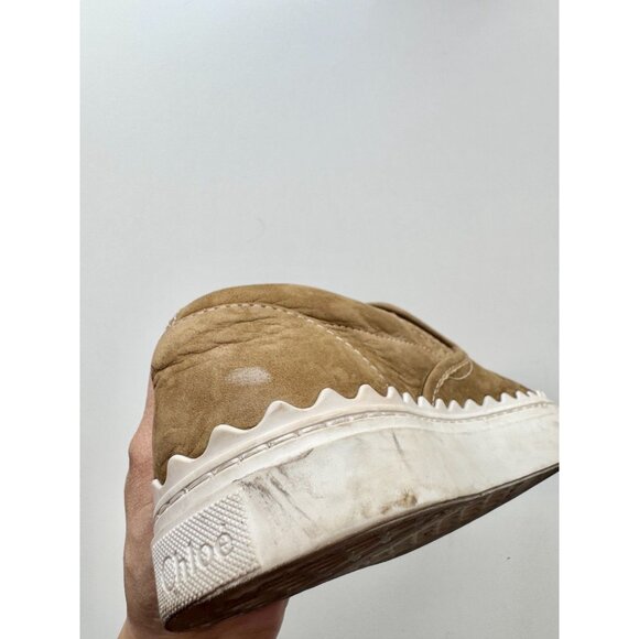 CHLOE Lauren Olive Green Nubuck Leather Scalloped Slip On Sneakers, Size 35 - Picture 11 of 16